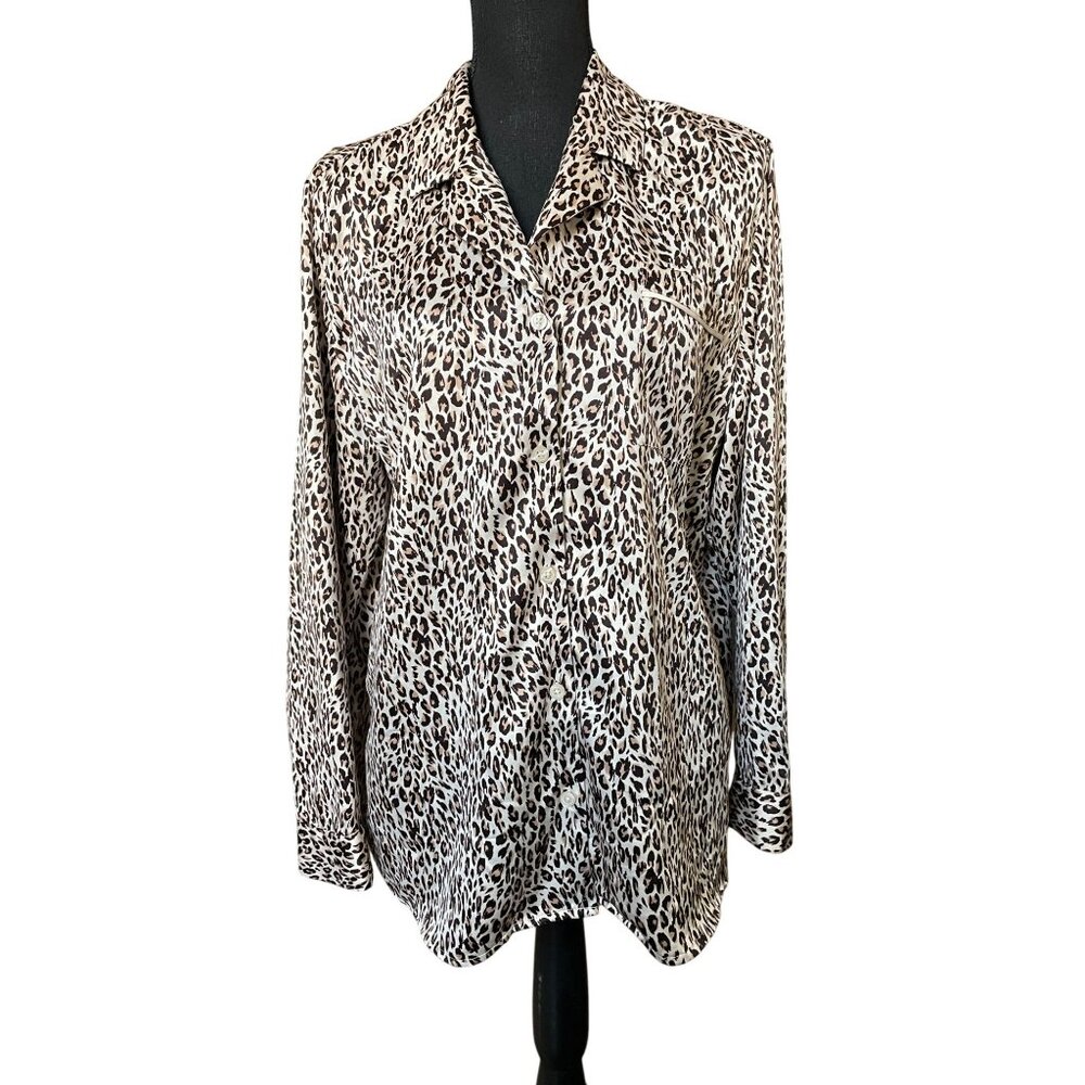 Apt. 9 Silky Leopard Print Button Up Top - Collared Satin Pajama Blouse - L - Picture 2 of 7